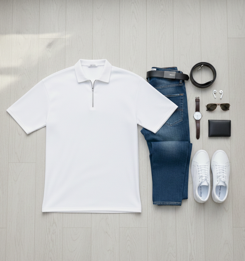 تیشرت مردانه یقه زیپ دار سفید مدل Arban