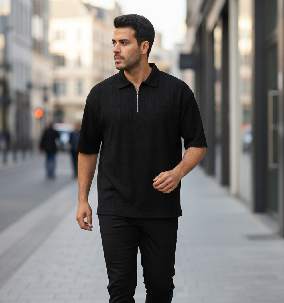 تیشرت مردانه یقه زیپ دار مشکی مدل Arban