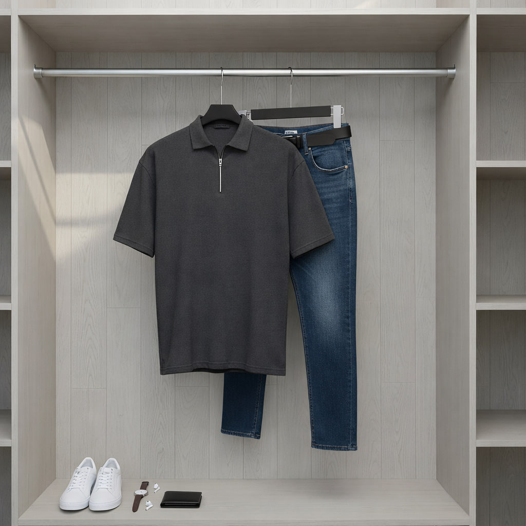 تیشرت مردانه یقه زیپ دار طوسی تیره مدل Arban-طوسی تیره